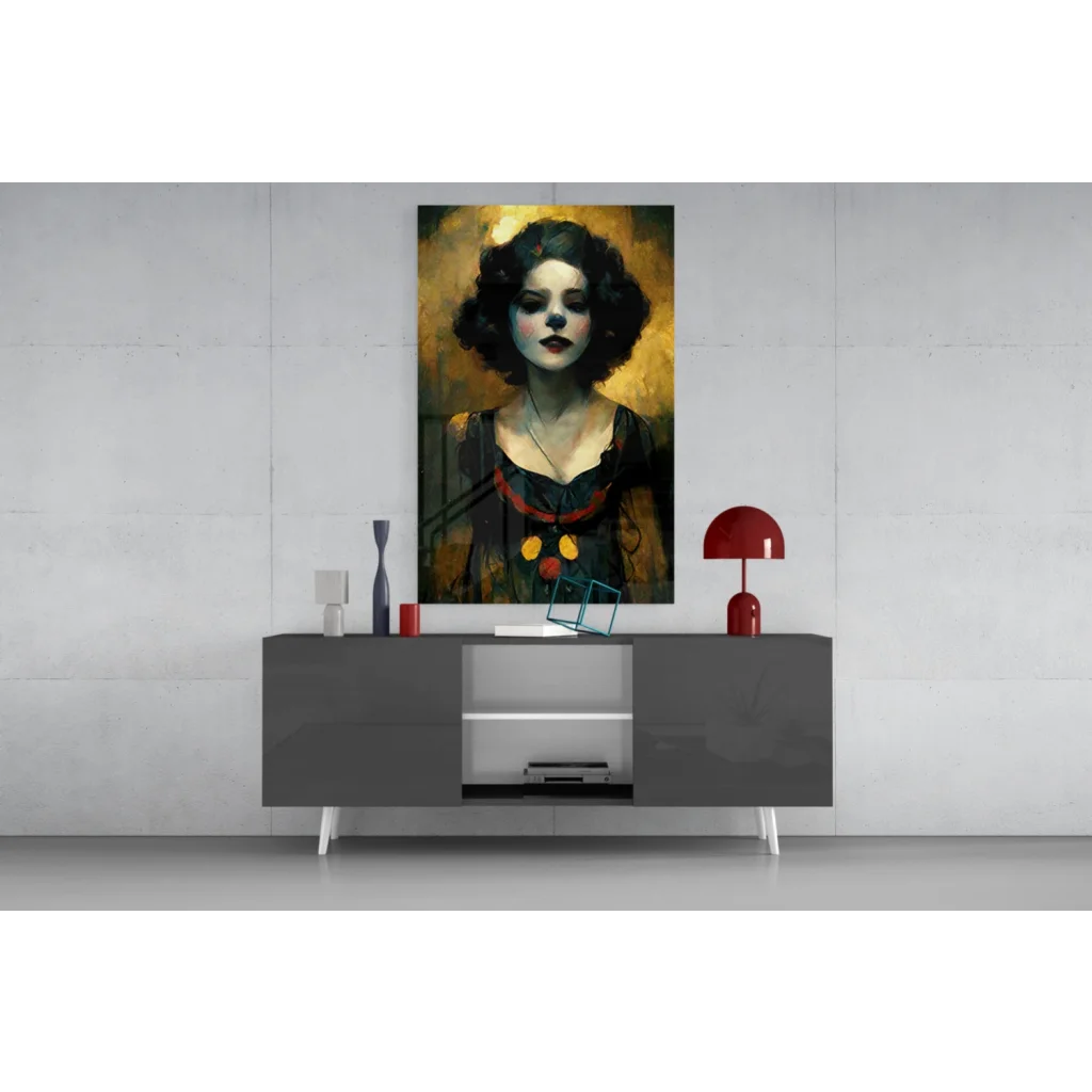 Modern gray sideboard with sleek white legs, silver accents, and glass wall art