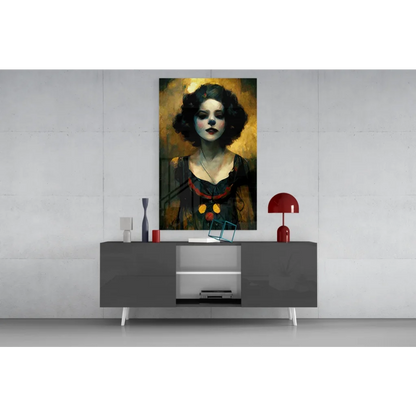 Modern gray sideboard with sleek white legs, silver accents, and glass wall art