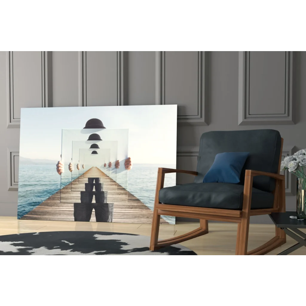 Stunning glass wall art of wooden pier in black and white