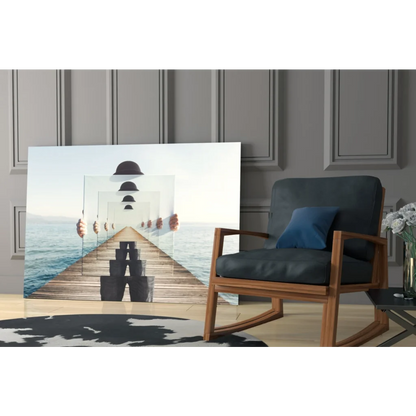 Stunning glass wall art of wooden pier in black and white