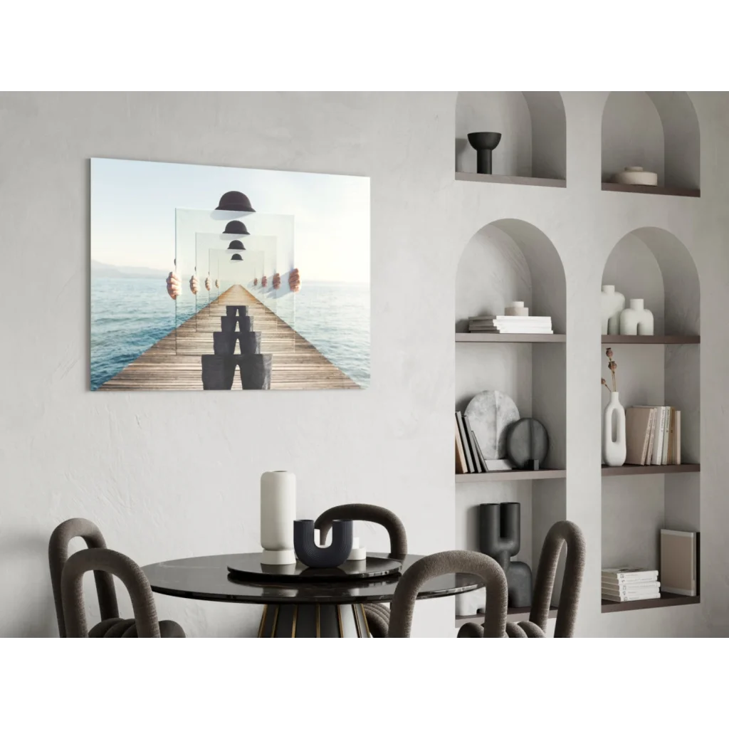 Modern glass wall art of wooden pier with geometric shapes and ocean reflections
