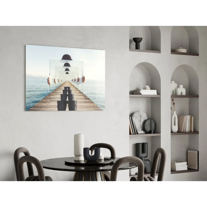 Modern glass wall art of wooden pier with geometric shapes and ocean reflections