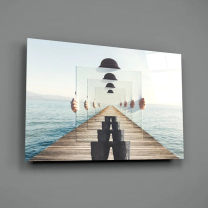 Stunning glass wall art of wooden pier with floating panels and black umbrellas