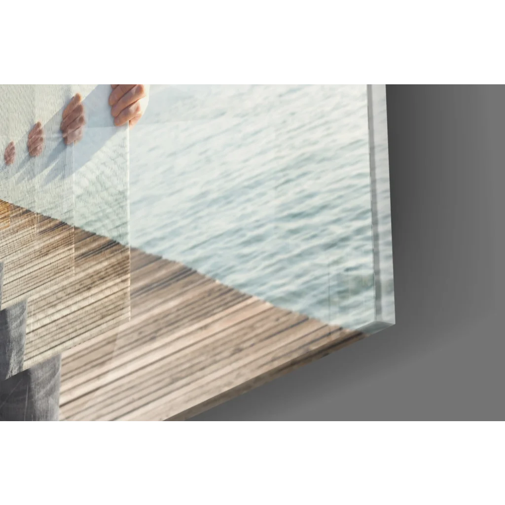 Stunning glass wall art of wooden ocean pier dock with water reflections