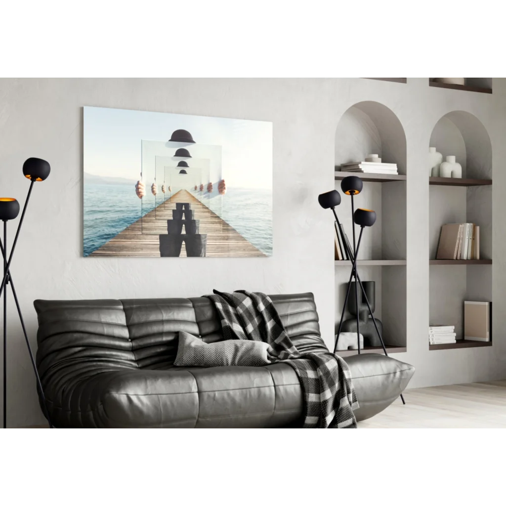 Stunning glass wall art print of ocean pier reflections