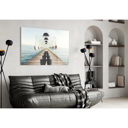 Stunning glass wall art print of ocean pier reflections
