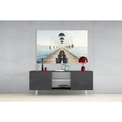 Modern gray sideboard with sleek white legs and red accents in glass wall art