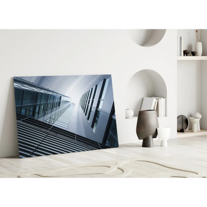 Modern glass skyscraper wall art print on white wall