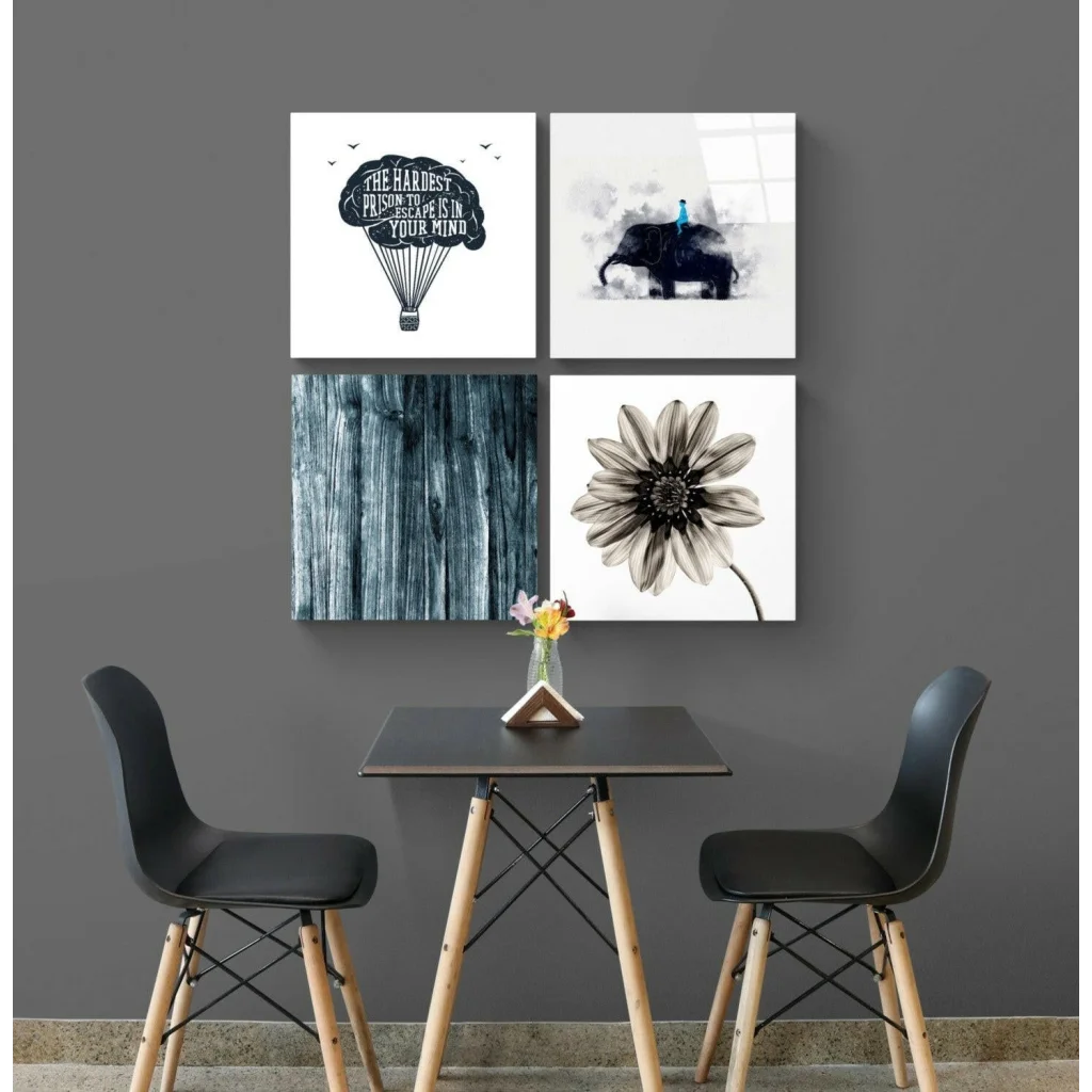 Stunning black and white glass wall art set with floral design and quote