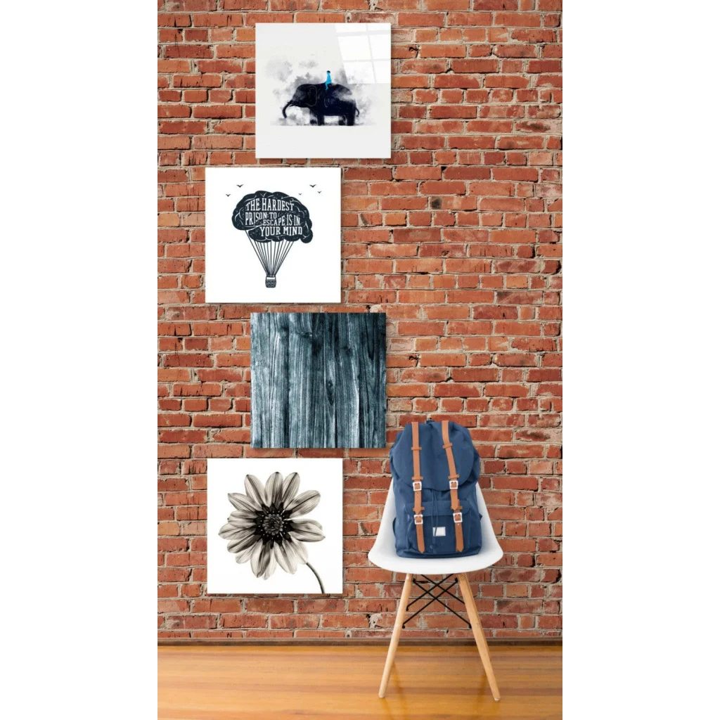 Stunning glass wall art with white chair, wooden legs, and blue backpack