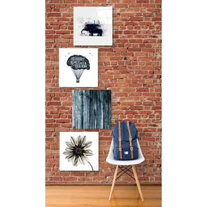 Stunning glass wall art with white chair, wooden legs, and blue backpack