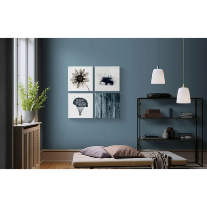 4-panel black and white glass wall art with daisy, balloon, beetle, tree designs