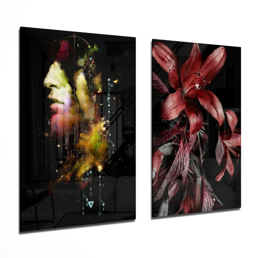 Stunning glass wall art with vibrant green portrait and red lilies