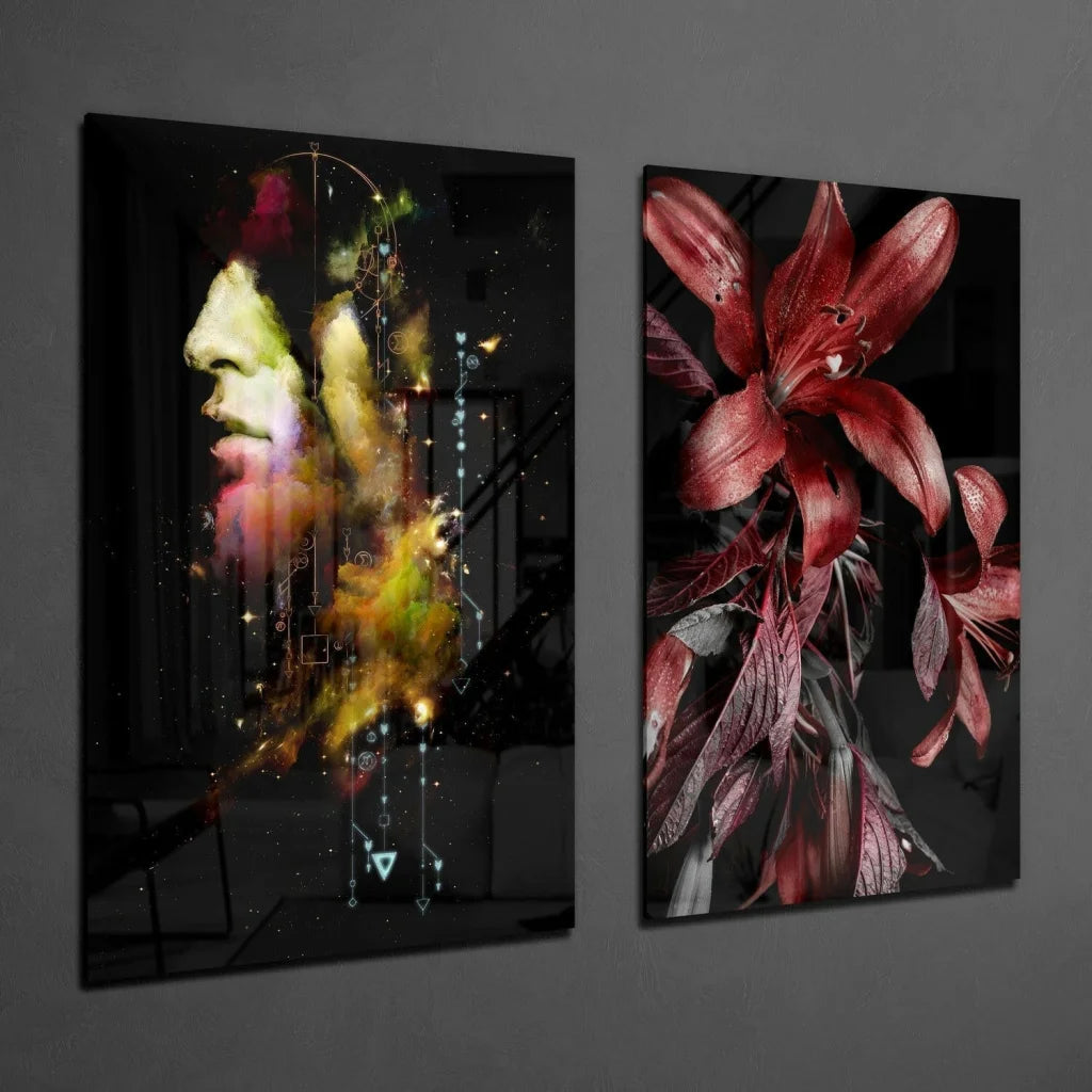 Stunning glass wall art with abstract portrait and red lilies on dark wall