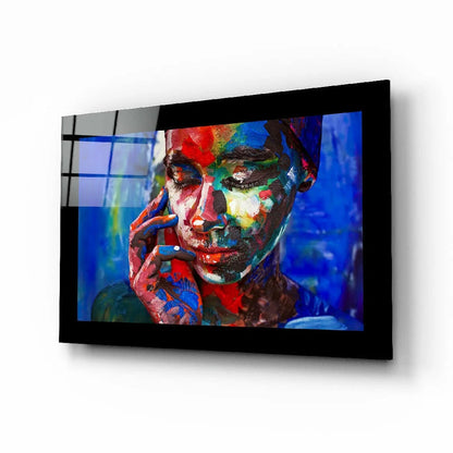 Vibrant abstract portrait on framed glass wall art panel