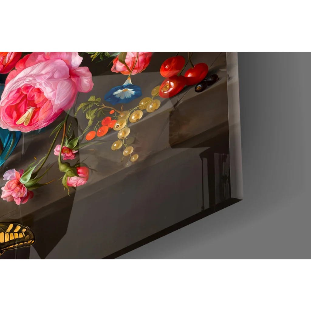 Stunning glass wall art with vibrant florals in blue vase