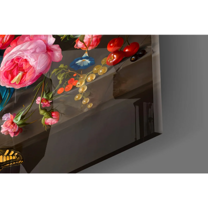 Stunning glass wall art with vibrant florals in blue vase