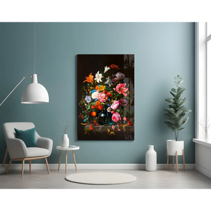Stunning glass wall art with vibrant florals in blue vase