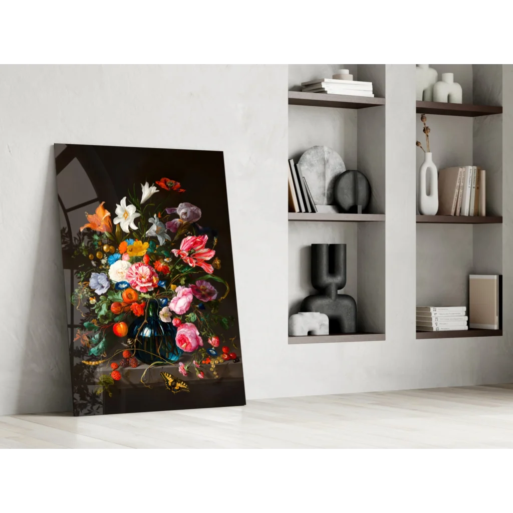 Vibrant floral glass wall art in blue vase with intricate details