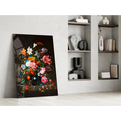 Vibrant floral glass wall art in blue vase with intricate details