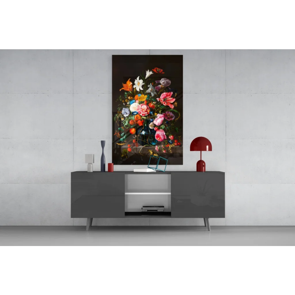 Modern gray lacquered sideboard with sleek legs and silver hardware in vibrant floral glass wall art