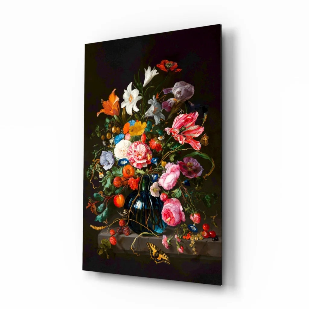 Vibrant floral glass wall art in blue vase with colorful blooms and leaves