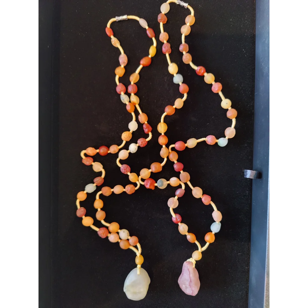 Stunning Gobi Desert agate bead necklace in warm orange, red, pink tones with teardrop charms
