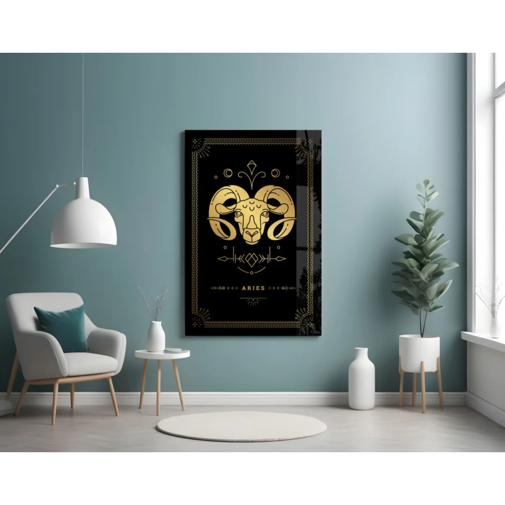 Stunning gold Aries ram head glass wall art on black ornate background