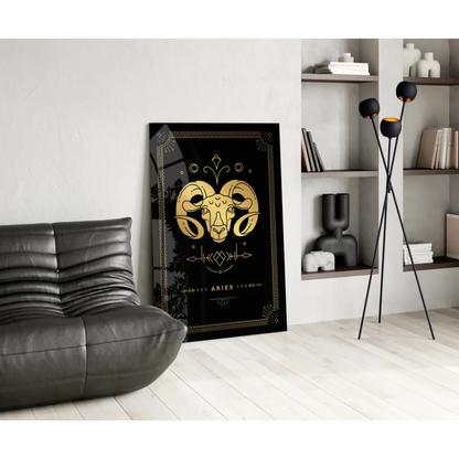 Stunning gold Aries ram head glass wall art on black background