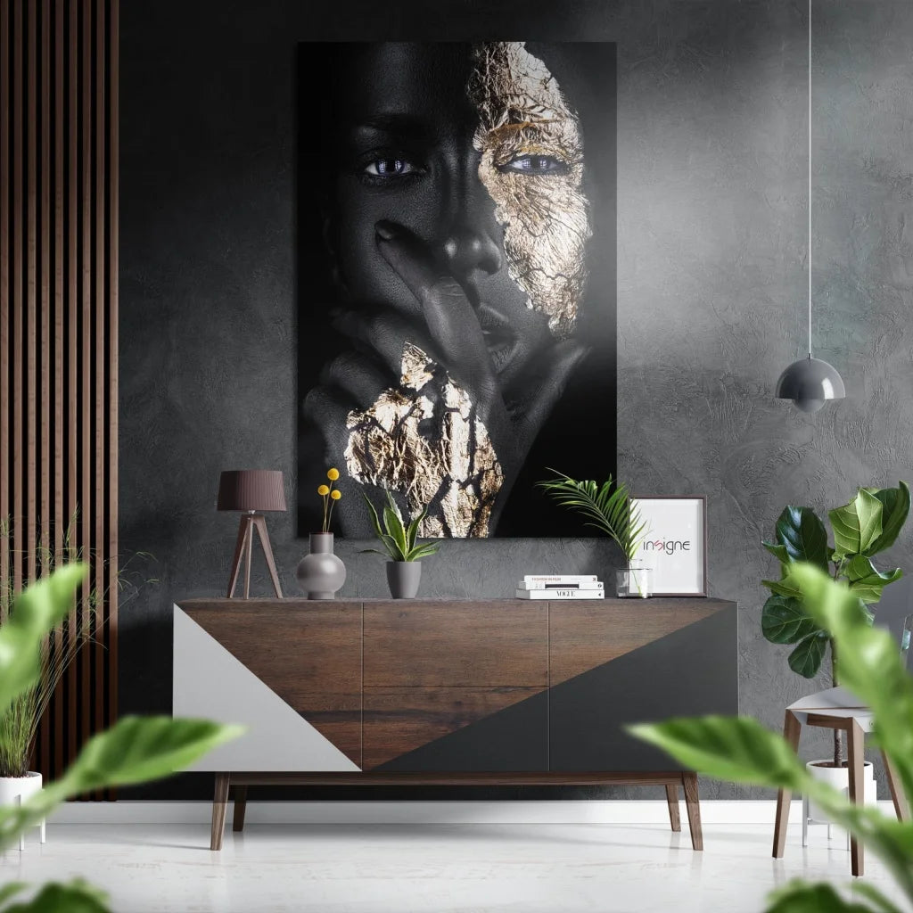 Stunning black-and-gold woman’s face on brushed aluminium dibond wall art