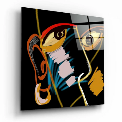 Stunning black glass wall art with bold orange yellow geometric shapes