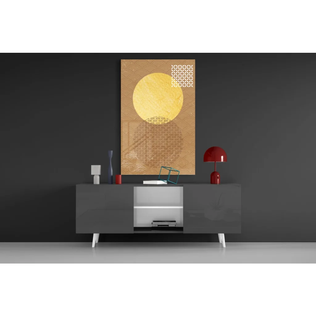 Modern gray minimalist sideboard with white legs and silver accents wall art