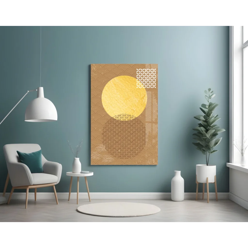 Stunning gold circle abstract wall art with geometric lattice design