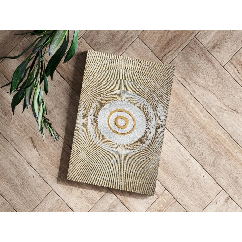 Gold textured circle rug on wood floor, stunning aluminum wall art print