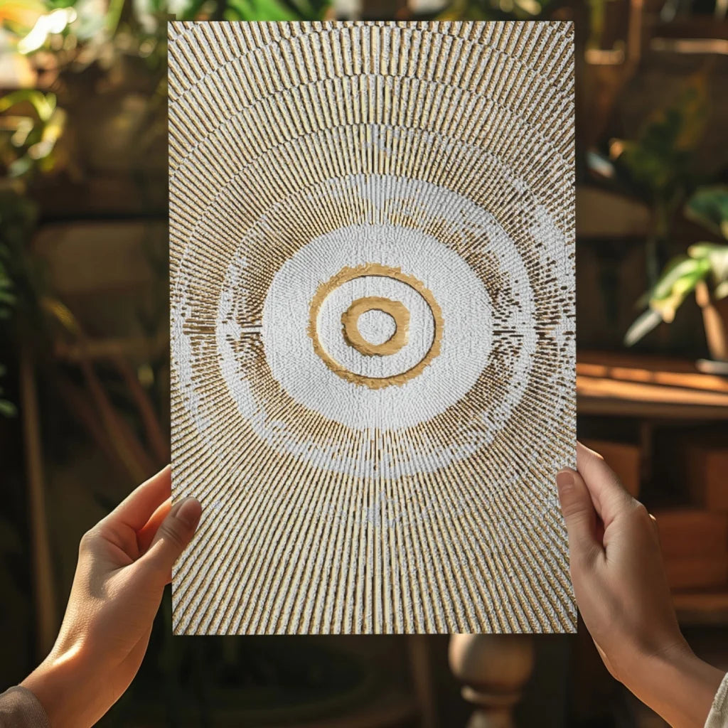 Stunning gold circle textured aluminum wall art with string design