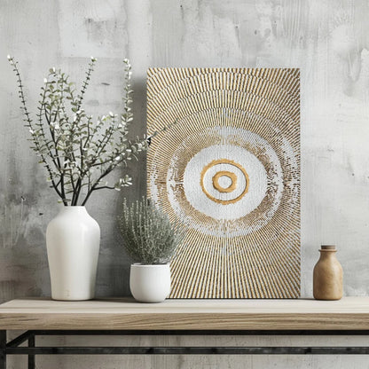 Stunning gold circle textured aluminum wall art print on wood