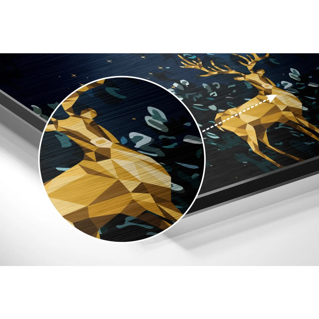 Gold geometric deer brushed aluminium dibond wall art on black background