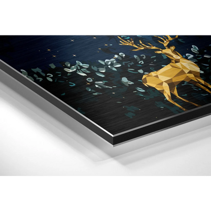 Stunning gold deer brushed aluminium dibond wall art with green leaves