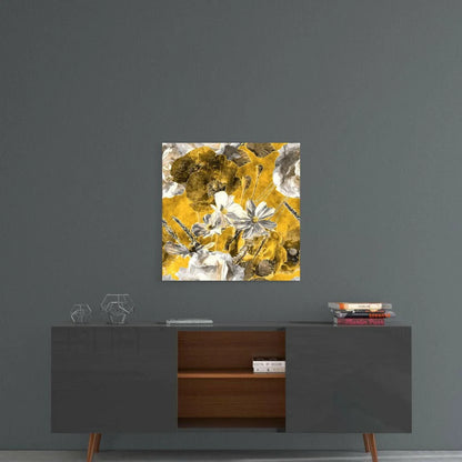 Stunning gold floral glass wall art with abstract yellow, white, gray tones
