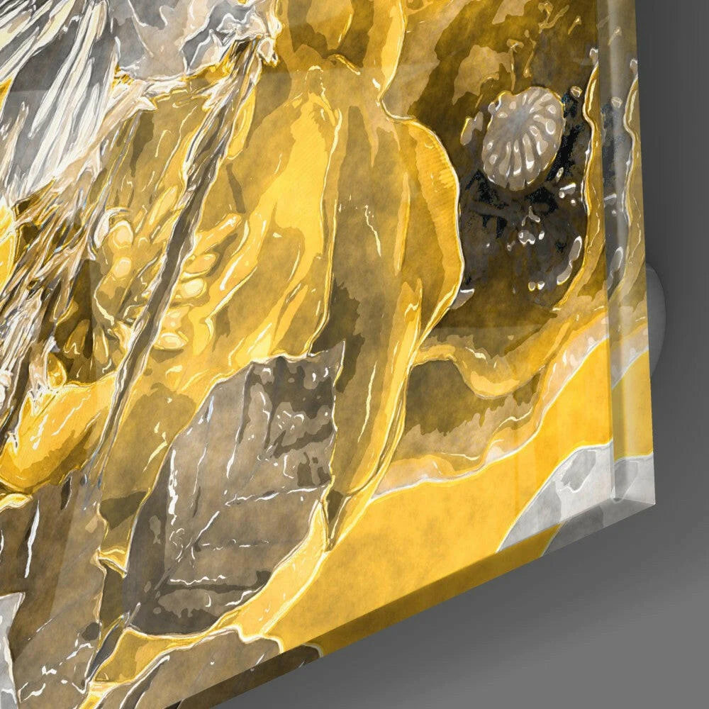 Vibrant gold floral glass wall art with metallic silver shimmer
