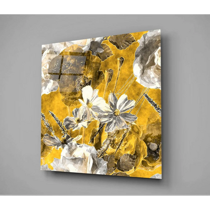 Vibrant gold floral glass wall art with metallic shimmer and abstract textures