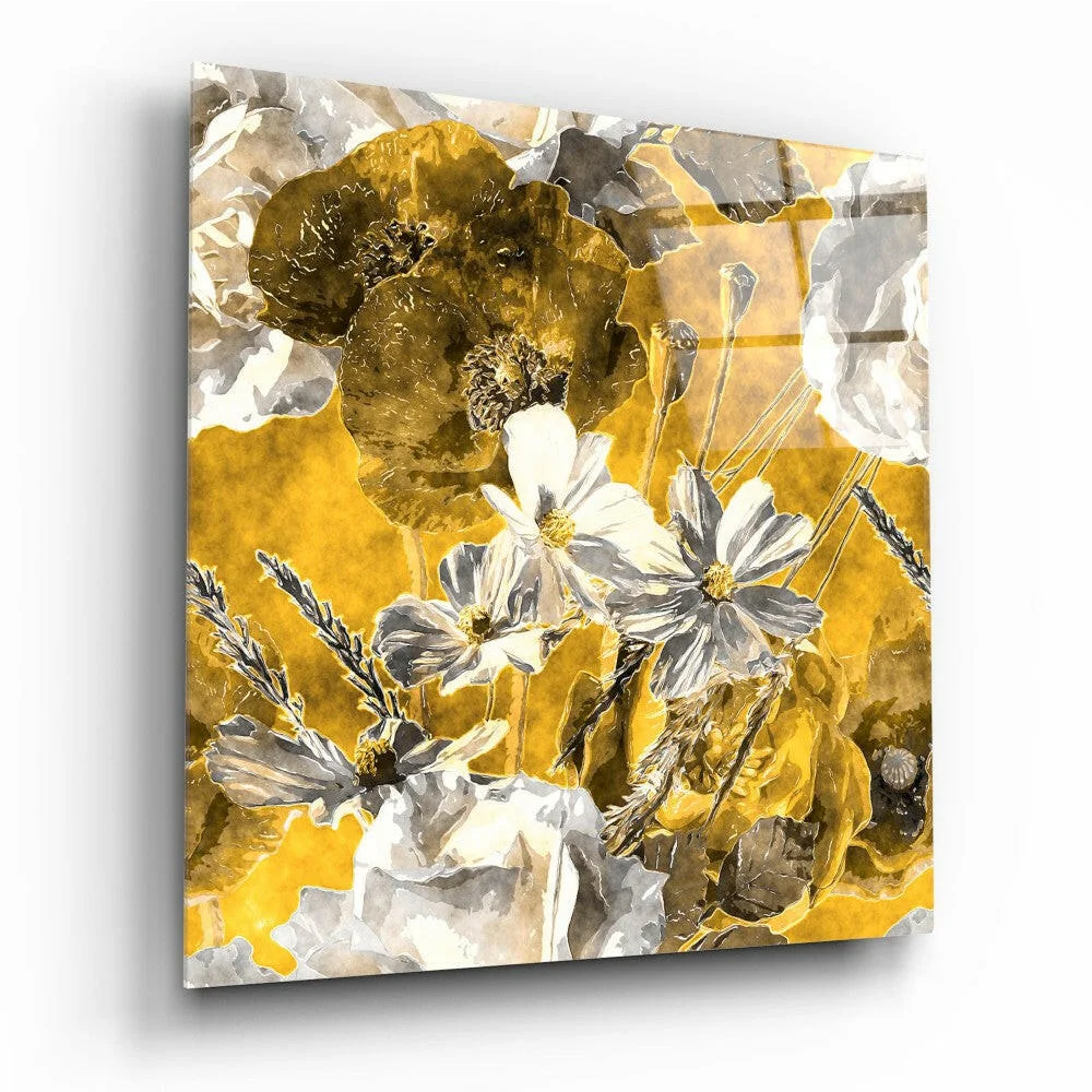 Stunning gold floral glass wall art with metallic shimmer on textured yellow background