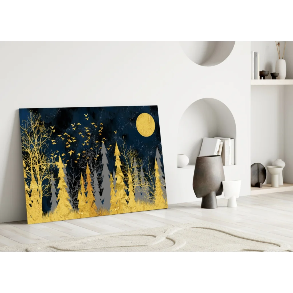 Stunning gold foil forest moon glass wall art on canvas
