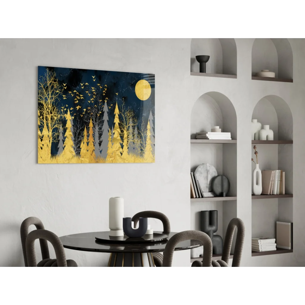 Stunning gold foil yellow black forest moon glass wall art
