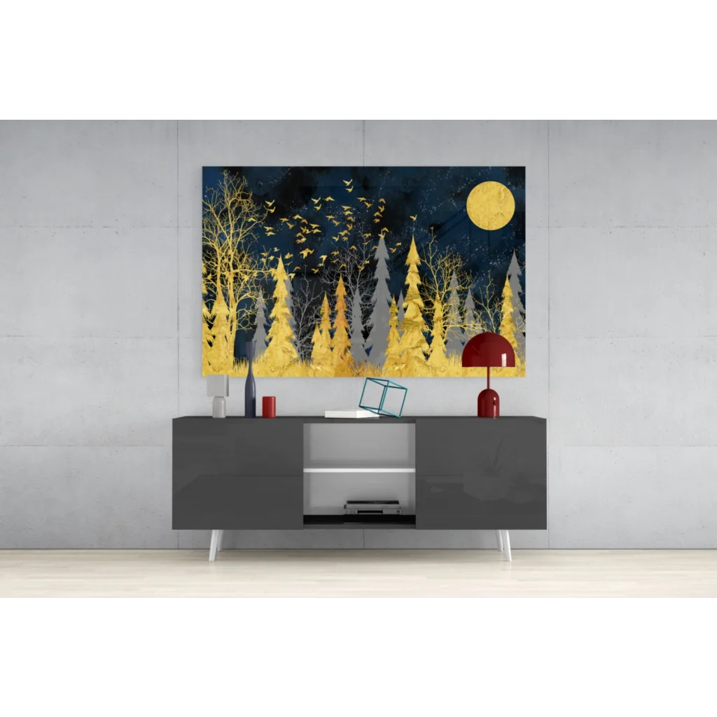 Stunning gold foil forest moon glass wall art on canvas