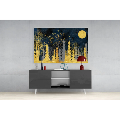 Stunning gold foil forest moon glass wall art on canvas