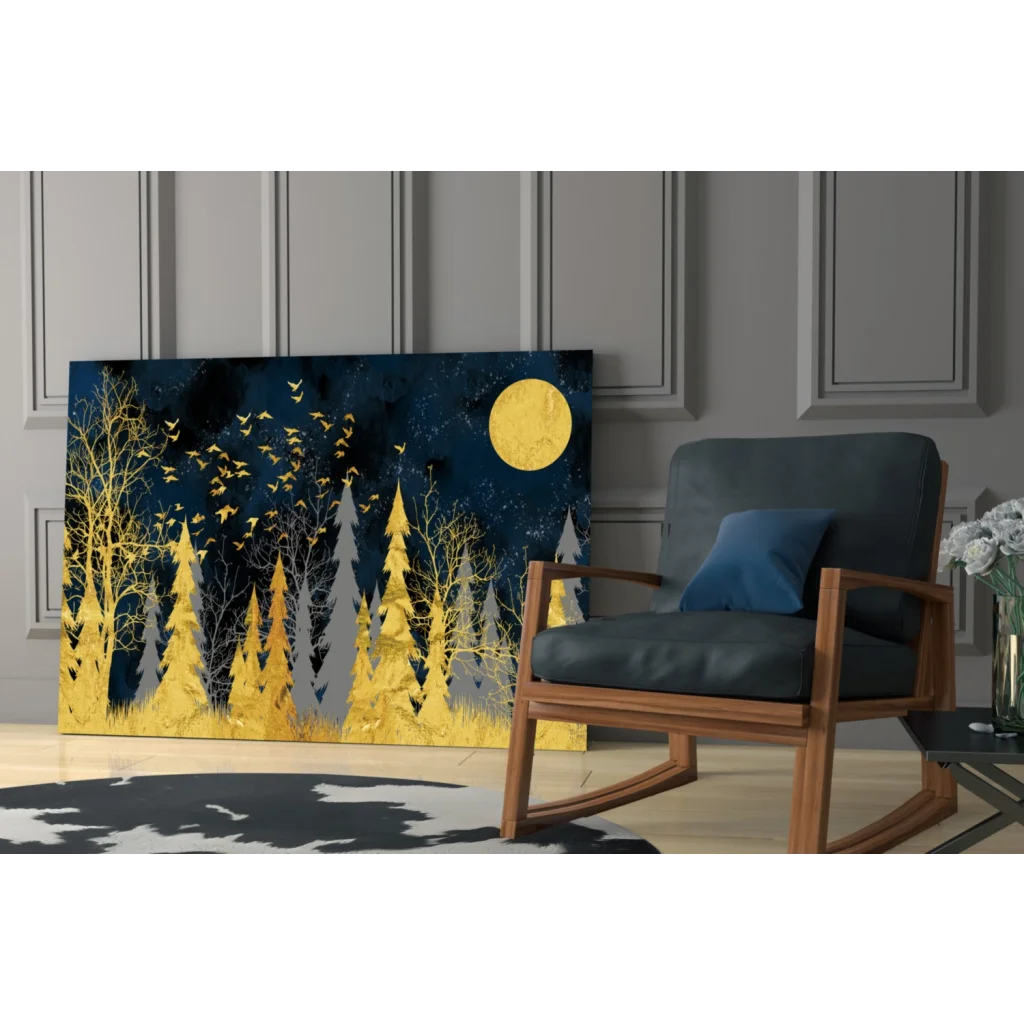 Stunning gold foil forest moon glass wall art with yellow gray tones