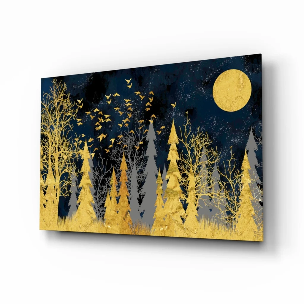 Stunning gold foil forest moon glass wall art with birds