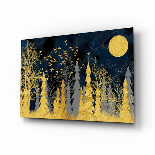 Stunning gold foil forest moon glass wall art with birds