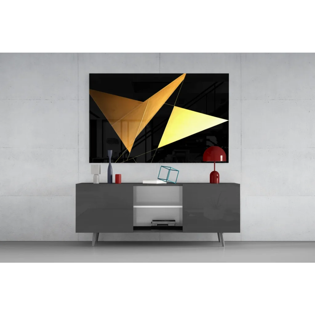 Stunning gold geometric Samsung QLED glass wall art with black frame